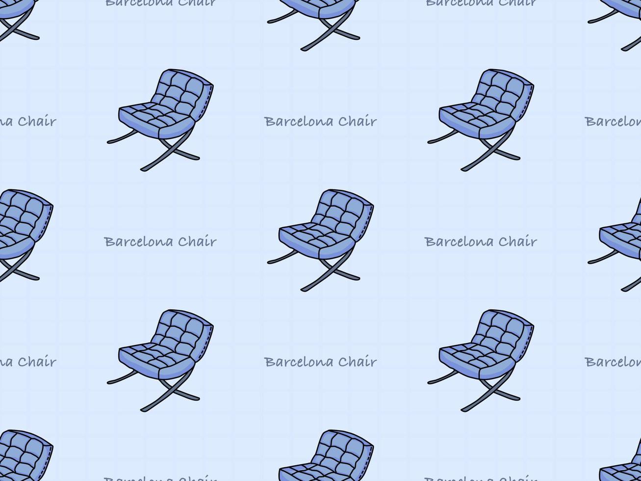 barcelona stuhl zeichentrickfigur nahtloses muster auf blauem hintergrund vektor