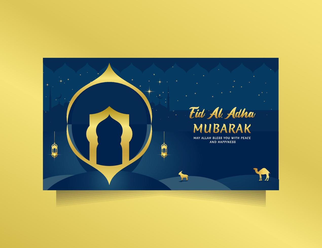 luxuriöser eid al adha-gruß für social-media-post und banner mit blauer goldfarbe. vektorillustration islamischer hintergrund mit schönem und modernem moscheendesign vektor