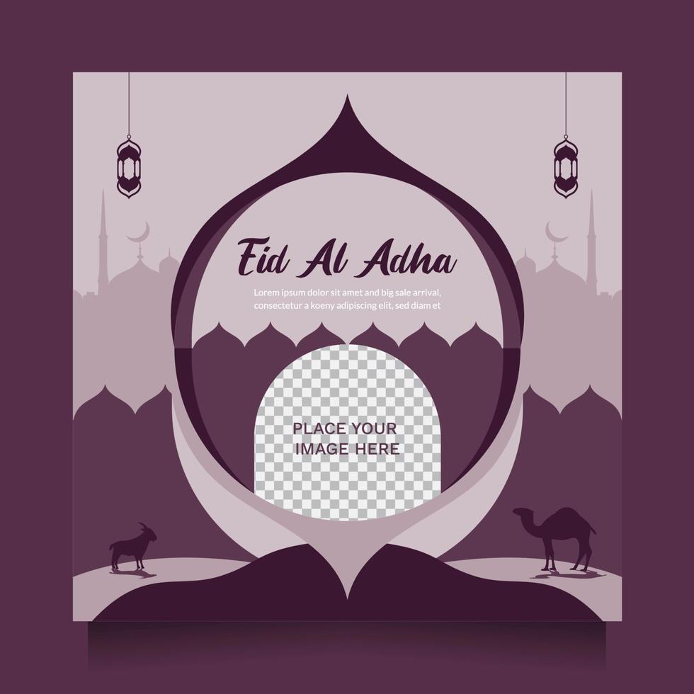 Lycklig eid al Adha social media posta hälsning och befordran med modern lila Färg. vektor illustration islamic bakgrund med skön moské design