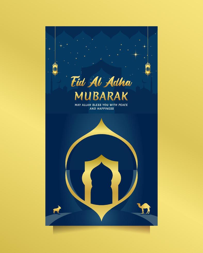 luxuriöser eid al adha-gruß für social-media-post, poster und geschichte mit blaugoldener farbe. Vektorillustration islamischer Hintergrund mit schönem und einzigartigem Moscheendesign vektor