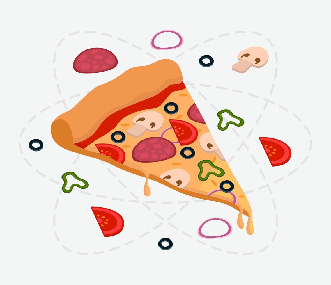 Stück Pizza leckere Mahlzeit Illustration von Junk-Food-Vektor-Illustration im flachen Stil vektor