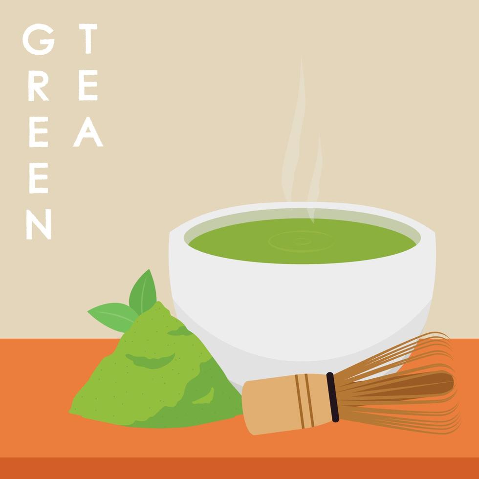 Matcha-Cup-Vektor. Grüner Tee-Vektor. Hintergrund. Plakatdesign mit grünem Tee. Tee-Schneebesen-Vektor. vektor