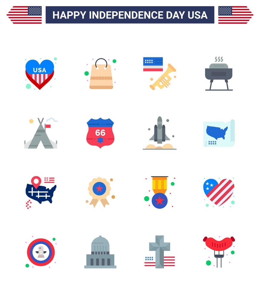 Aktienvektor-Icon-Pack mit amerikanischen Tag 16-Zeilenzeichen und -symbolen für Zelt-Feiertagsflaggenfest-Grill editierbare Usa-Tag-Vektordesign-Elemente vektor