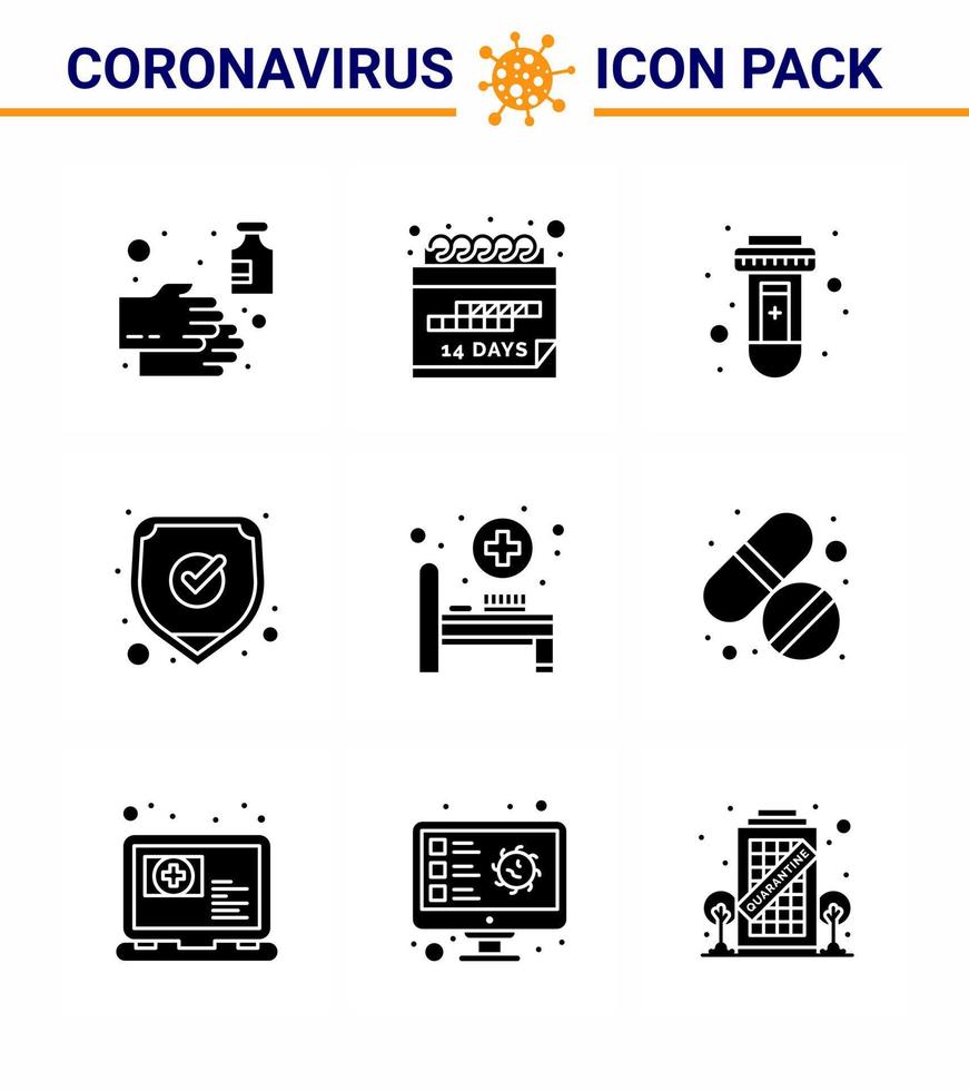 Coronavirus-Bewusstseinssymbole 9 solide Glyphe schwarzes Symbol Corona-Virus-Grippe im Zusammenhang wie Bettsicherheitsplan Schutzvirus virales Coronavirus 2019nov-Krankheitsvektor-Designelemente vektor