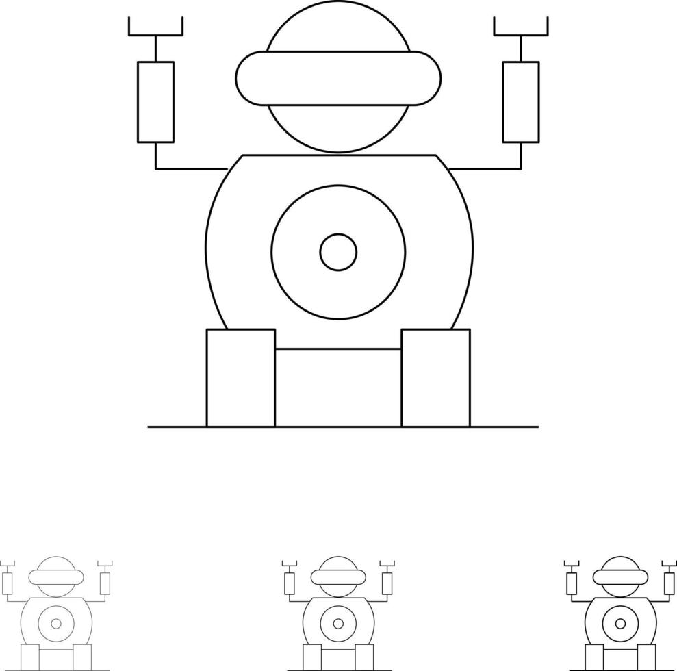 Robotertechnologie Spielzeug fett und dünne schwarze Linie Symbolsatz vektor