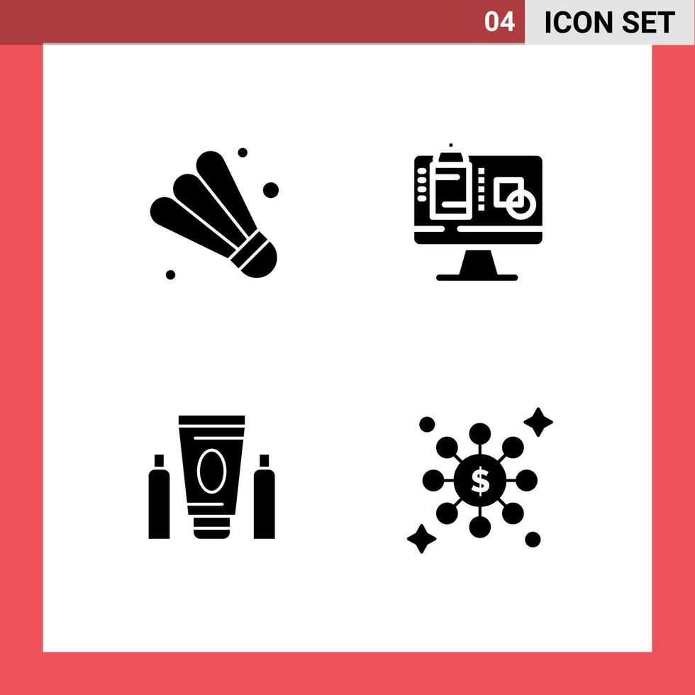 4 användare gränssnitt fast glyf packa av modern tecken och symboler av badminton medicinsk dator presentation dollar redigerbar vektor design element