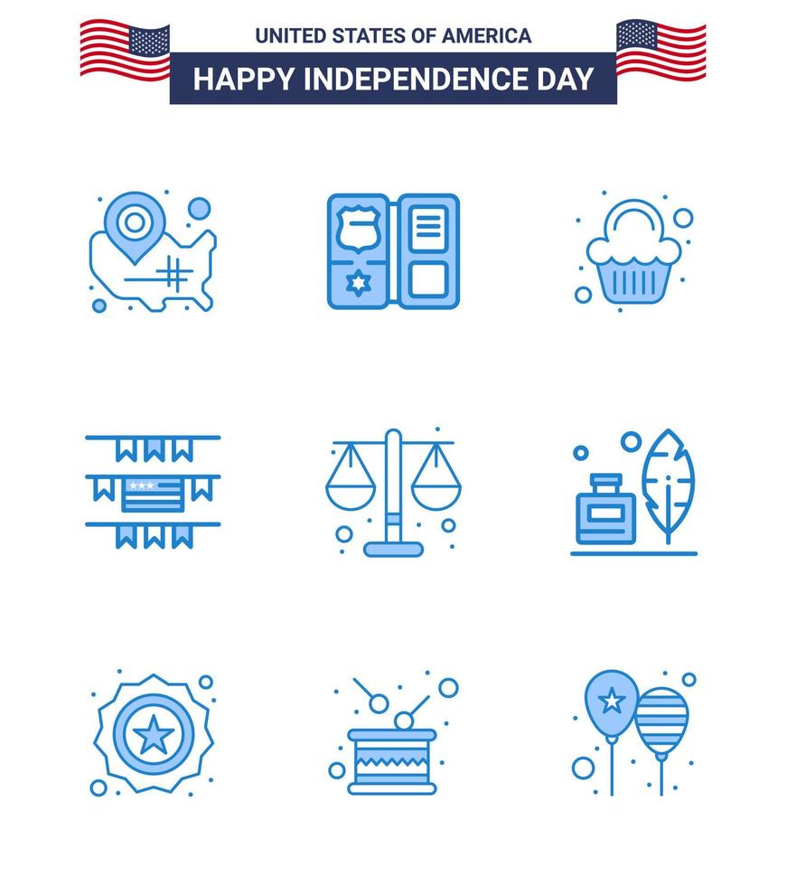 Happy Independence Day 9 Blues Icon Pack für Web und Print Gerechtigkeit American Star Party Dekoration Feier editierbare Usa Day Vektor Design Elemente