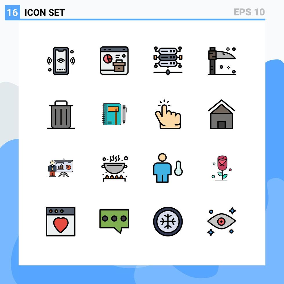 mobil gränssnitt platt Färg fylld linje uppsättning av 16 piktogram av sopor lie Rapportera Semester server redigerbar kreativ vektor design element