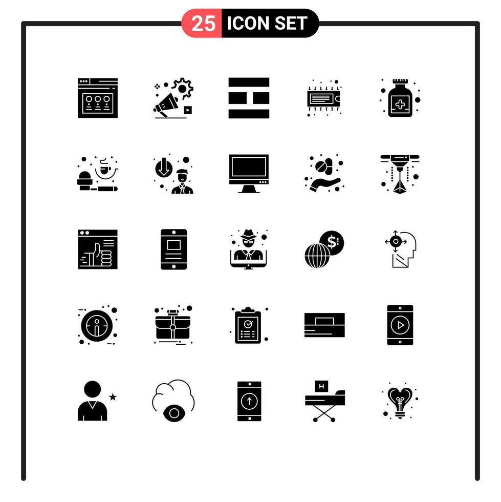Gruppe von 25 modernen soliden Glyphen, die für das Layout von editierbaren Vektordesign-Elementen für das Layout elektronischer Werbegeräte mit Antidot festgelegt wurden vektor
