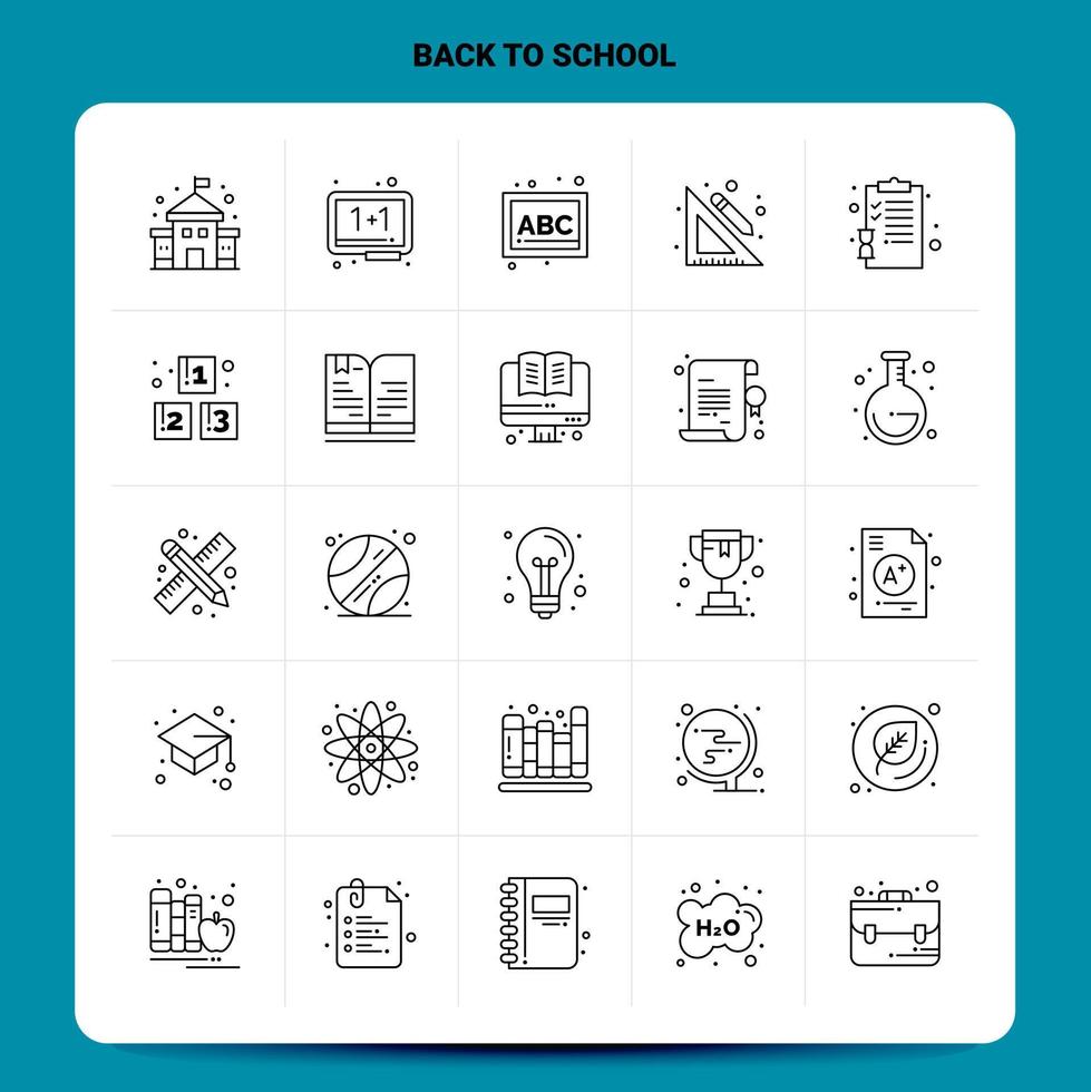 Umriss 25 zurück zur Schule Icon Set Vektor Linienstil Design schwarze Icons Set lineare Piktogramm Pack Web und mobile Geschäftsideen Design Vektor Illustration