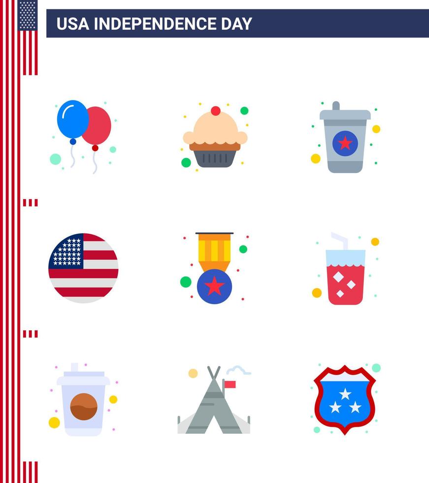 Happy Independence Day 9 Flats Icon Pack für Web und Print Military Badge Drink Award Thanksgiving editierbare Usa Day Vektordesign-Elemente vektor