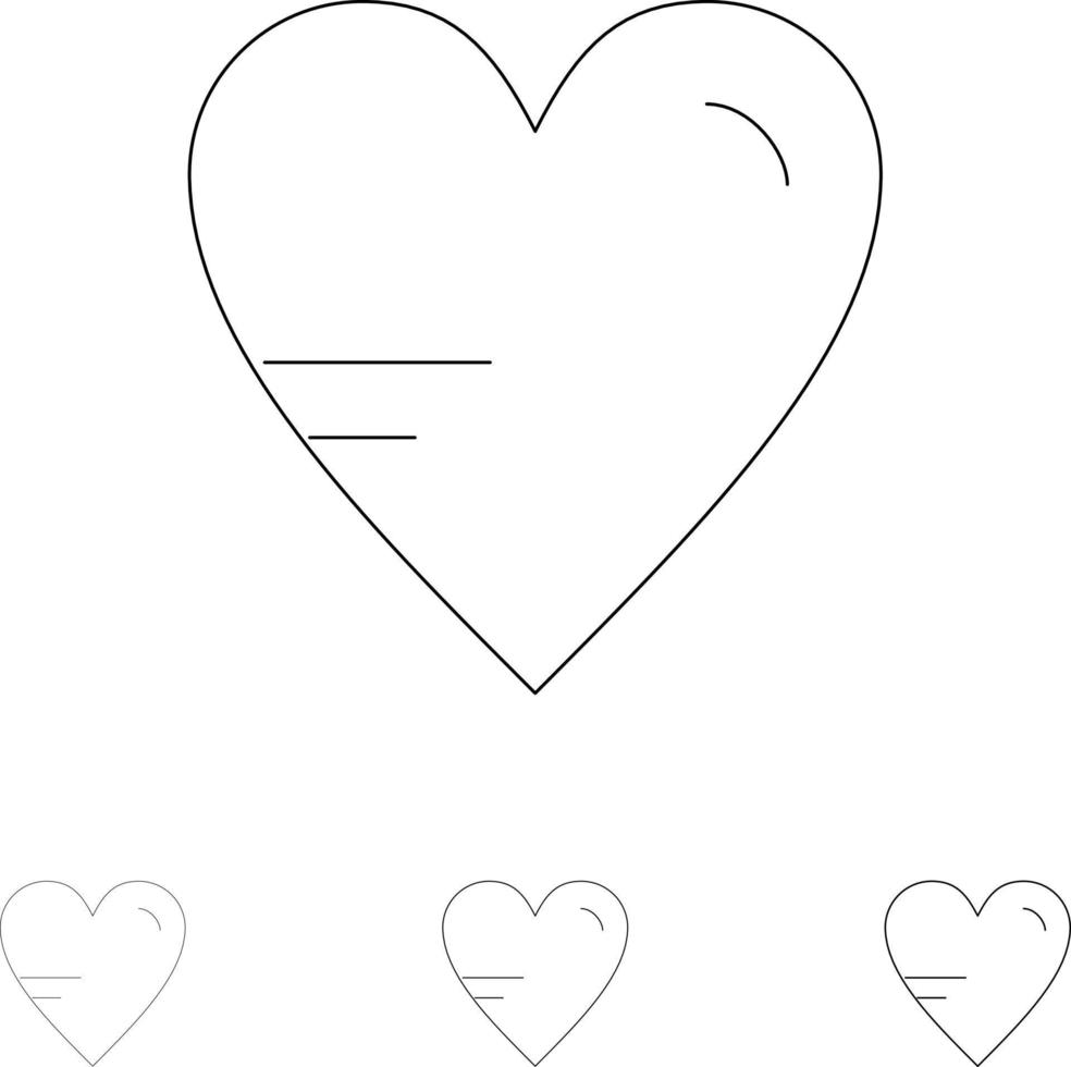 hjärta kärlek studie utbildning djärv och tunn svart linje ikon uppsättning vektor