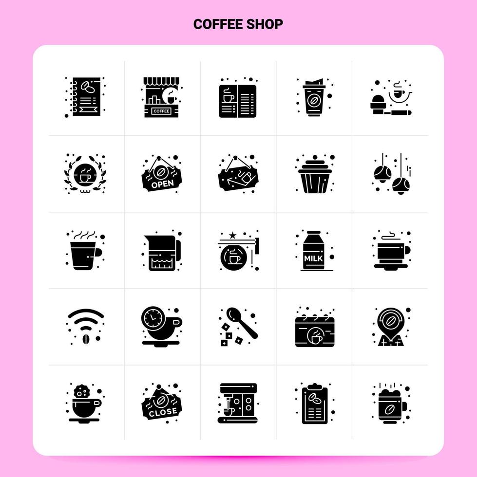 solide 25 Coffee Shop Icon Set Vektor Glyphe Stil Design schwarze Icons Set Web und mobile Geschäftsideen Design Vektor Illustration