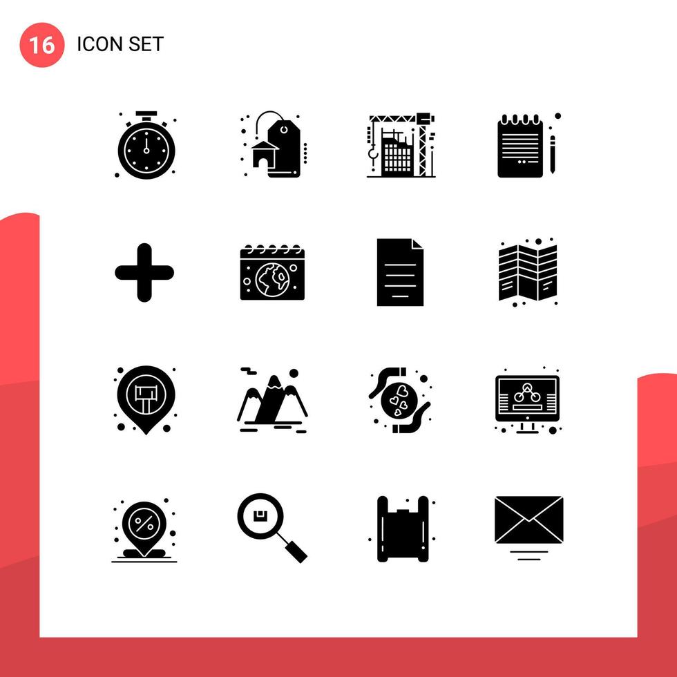 16 universell fast glyf tecken symboler av Lägg till utbildning byggnad bok penna maskin redigerbar vektor design element