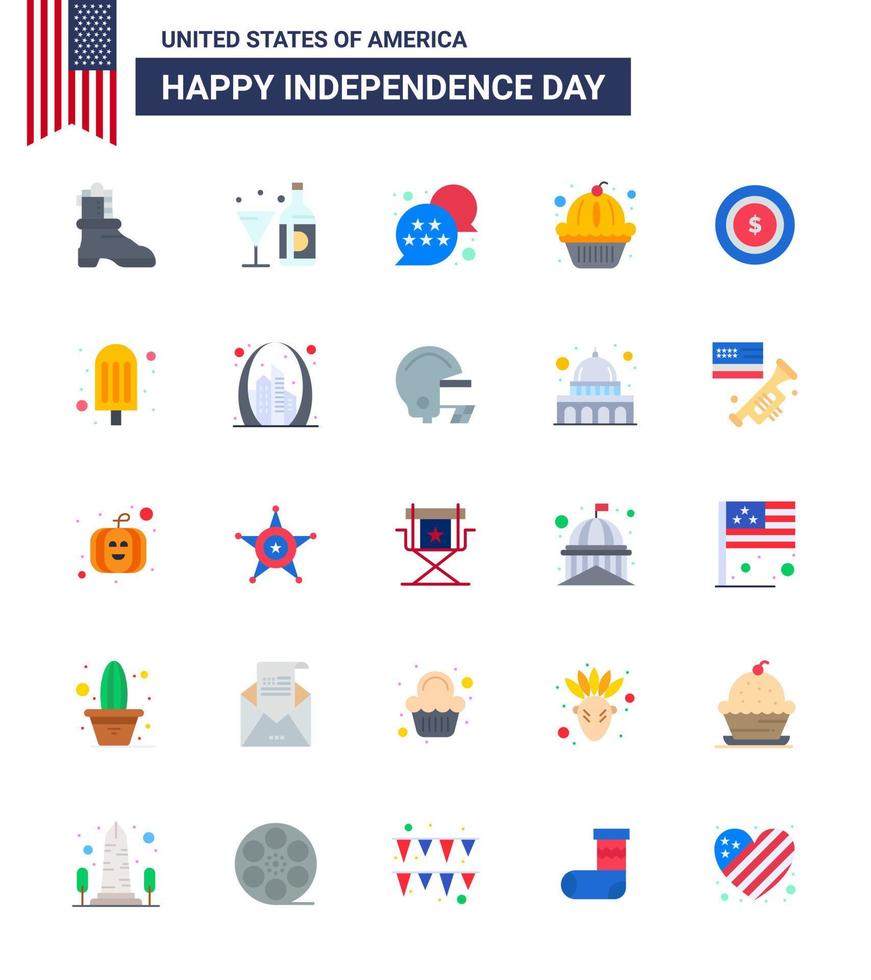 Lycklig oberoende dag 4:e juli uppsättning av 25 flats amerikan pictograph av dollar kaka flagga stater amerikan redigerbar USA dag vektor design element