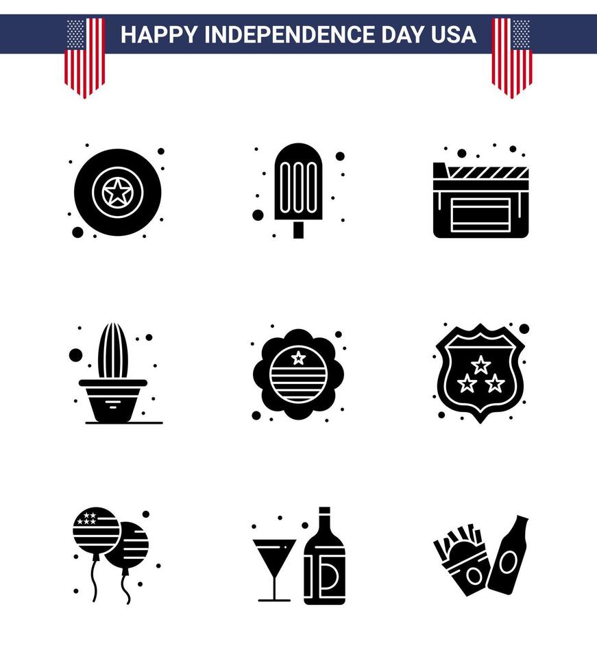 glücklicher unabhängigkeitstag usa paket mit 9 kreativen soliden glyphen der amerikanischen internationalen flagge film flag pot editierbare usa tag vektor design elemente