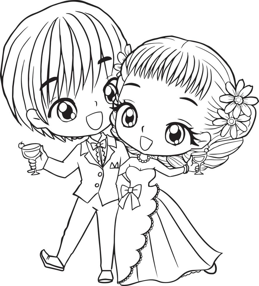 bröllop tecknad serie klotter söt anime färg sida söt illustration teckning ClipArt karaktär chibi manga serier vektor