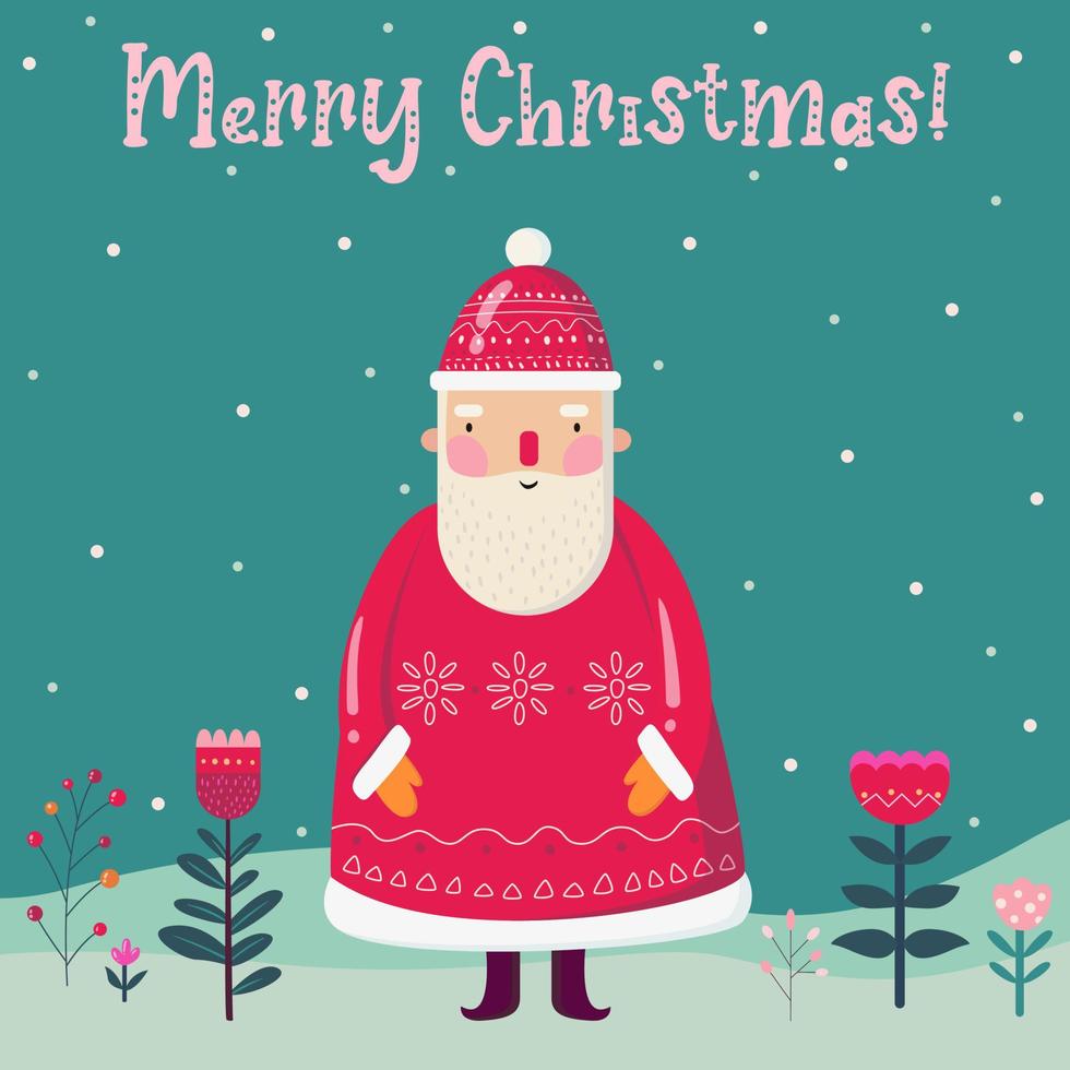 süße weihnachtskarte mit cartoon weihnachtsmann, blumen, frohe weihnachten vektor