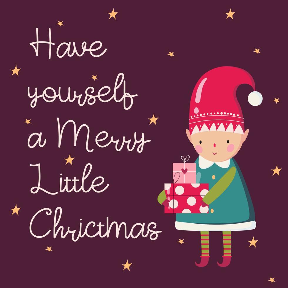 söt jul kort med tecknad serie älva med gåvor, har själv en glad liten jul vektor