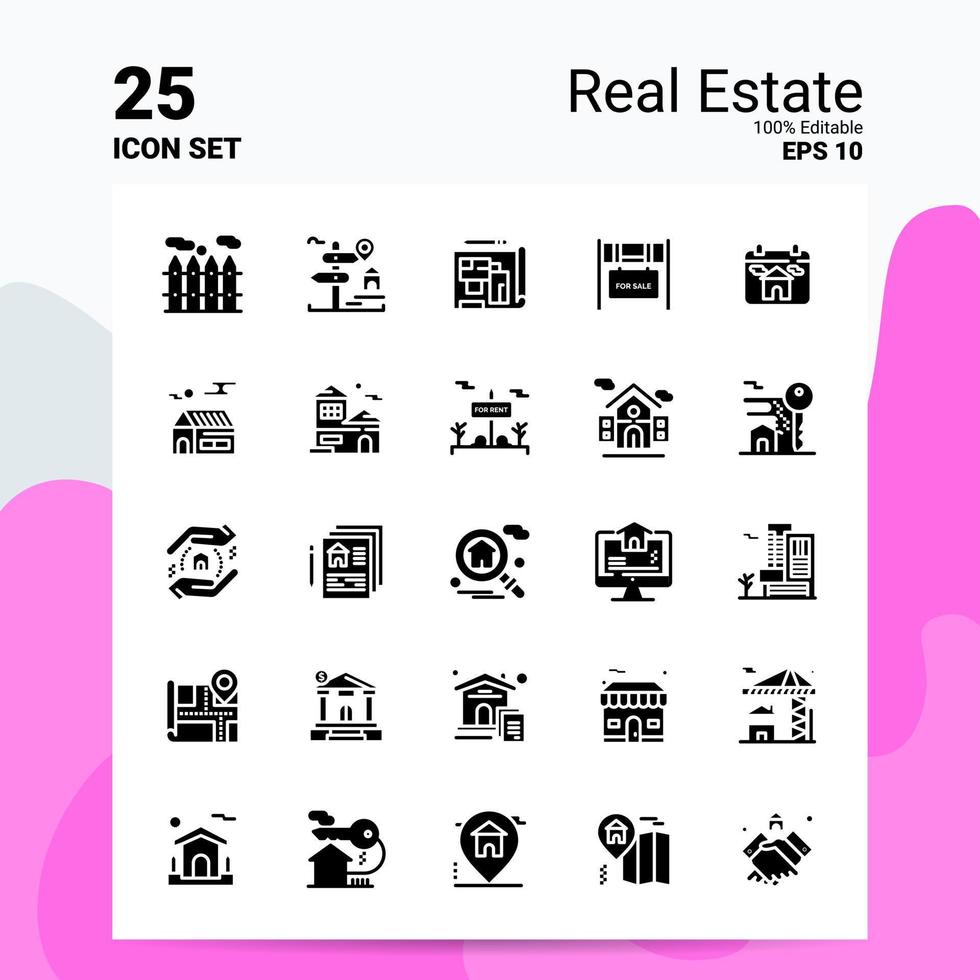 25 Immobilien-Icon-Set 100 bearbeitbare Eps 10 Dateien Business-Logo-Konzept-Ideen solides Glyphen-Icon-Design vektor