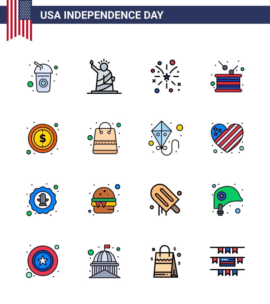 Lycklig oberoende dag 4:e juli uppsättning av 16 platt fylld rader amerikan pictograph av oberoende Semester USA trumma USA redigerbar USA dag vektor design element