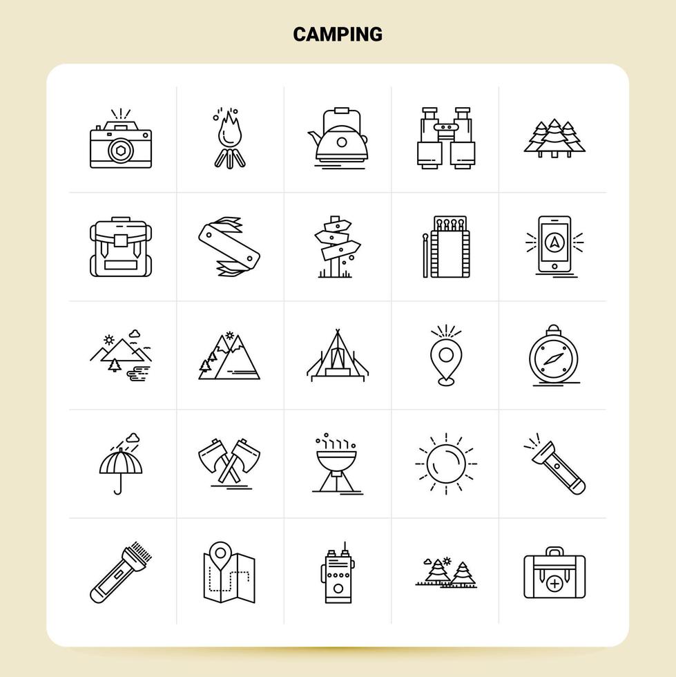 Umriss 25 Camping Icon Set Vektor Linienstil Design schwarze Icons Set lineare Piktogramm Pack Web und mobile Geschäftsideen Design Vektor Illustration