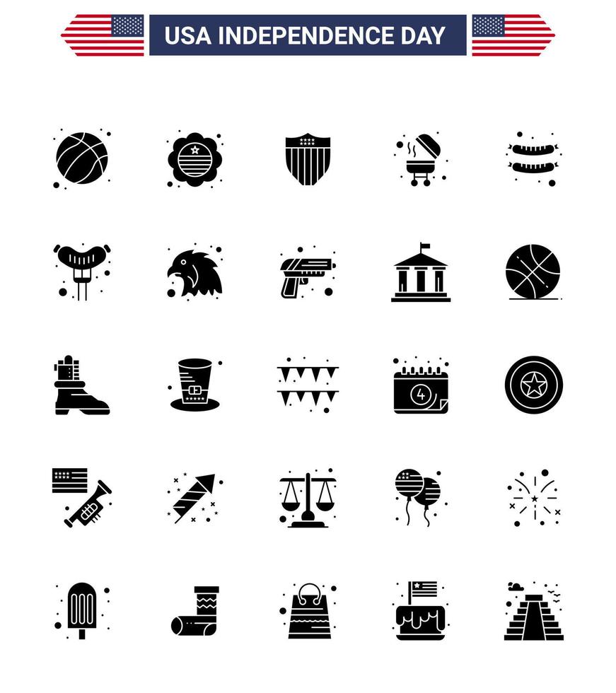 fast glyf packa av 25 USA oberoende dag symboler av korv mat amerikan grill utegrill redigerbar USA dag vektor design element