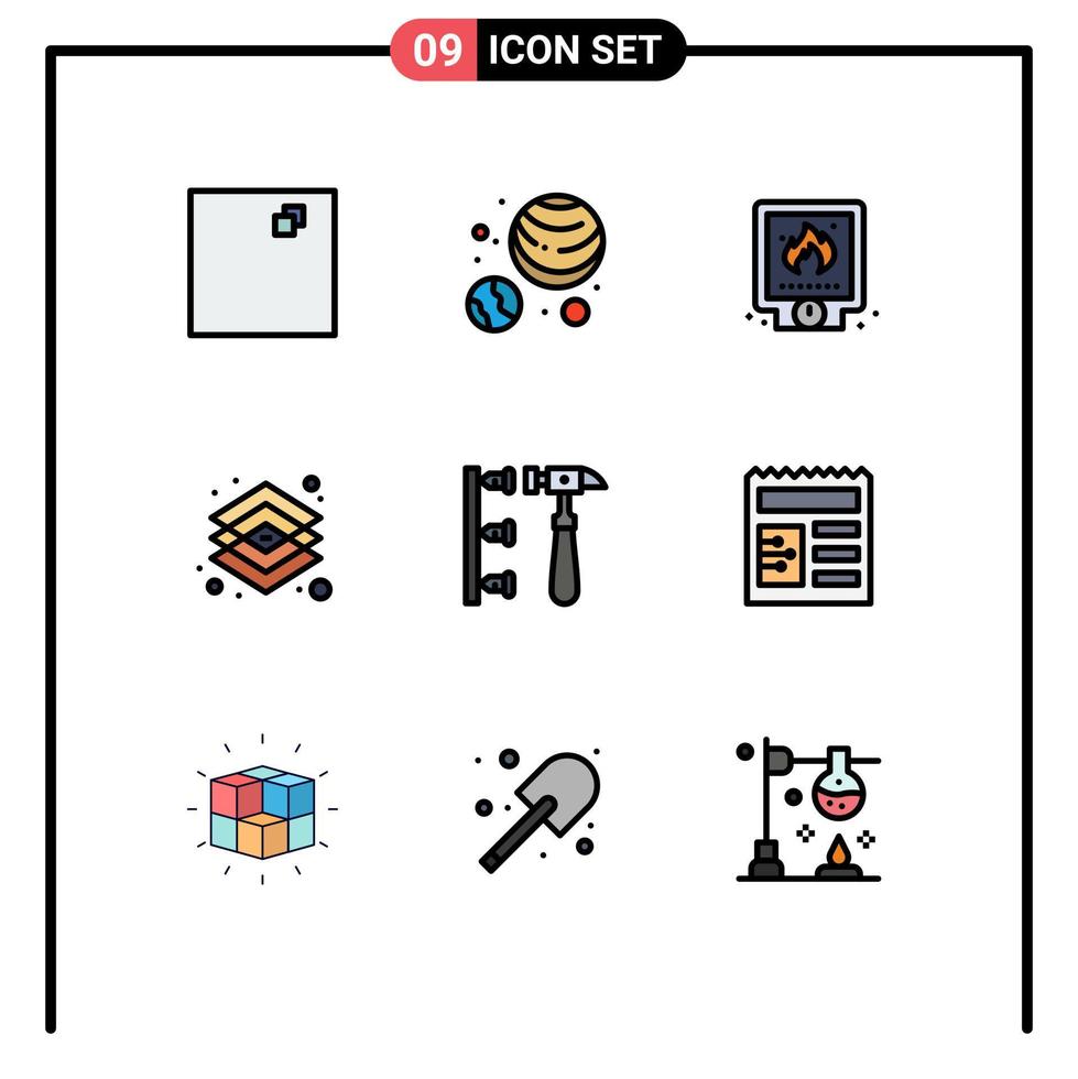 användare gränssnitt packa av 9 grundläggande fylld linje platt färger av hammare skruva systemet verktyg grafisk redigerbar vektor design element