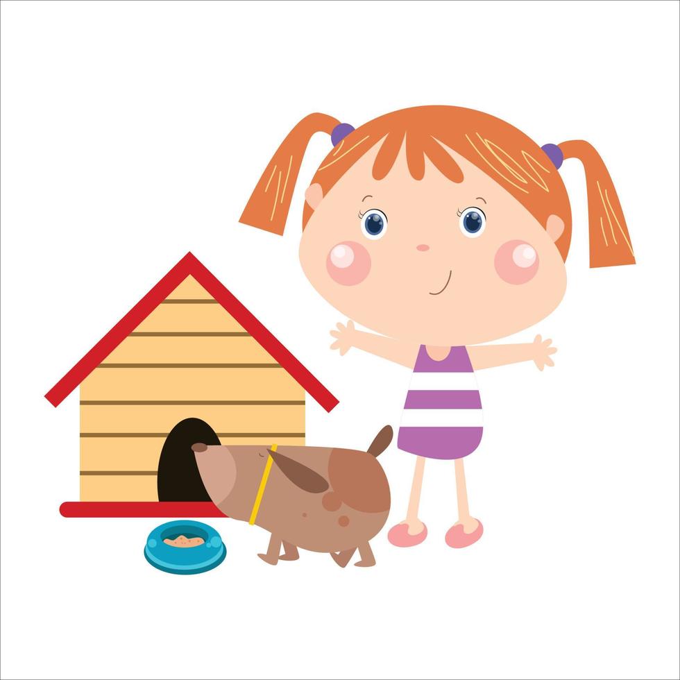 kleines Mädchen und ihre Hundehütte vektor