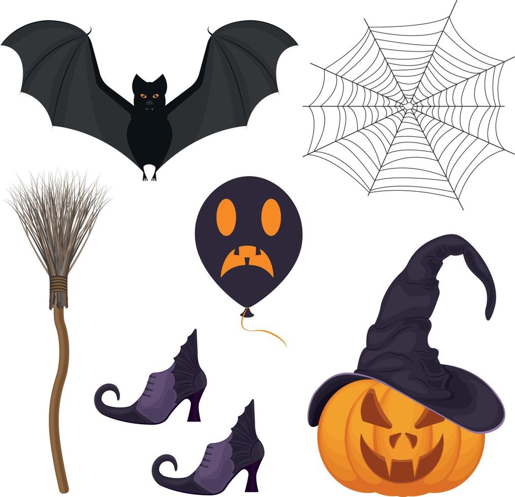 en festlig uppsättning med halloween symboler, sådan som en pumpa lykta i en häxa s hatt, en häxa s kvast, häxa stövlar, en fladdermus, en Spindel webb , som väl som ballonger med kuslig ler. vektor illustration
