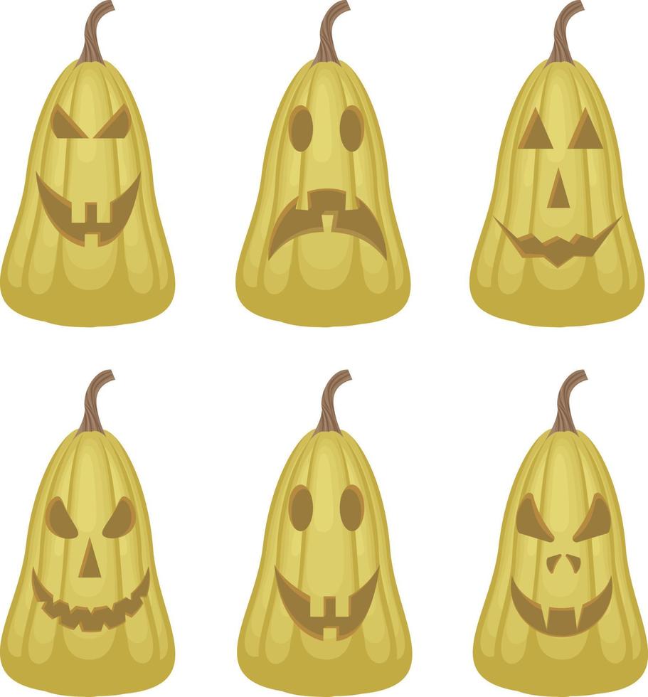 Pumpalykta är en ljus festlig uppsättning terar emotionell pumpor av halloween symboler. grön pumpor av avlång form med annorlunda känslor. de fruktansvärd uttryck på Pumpalykta s ansikte vektor