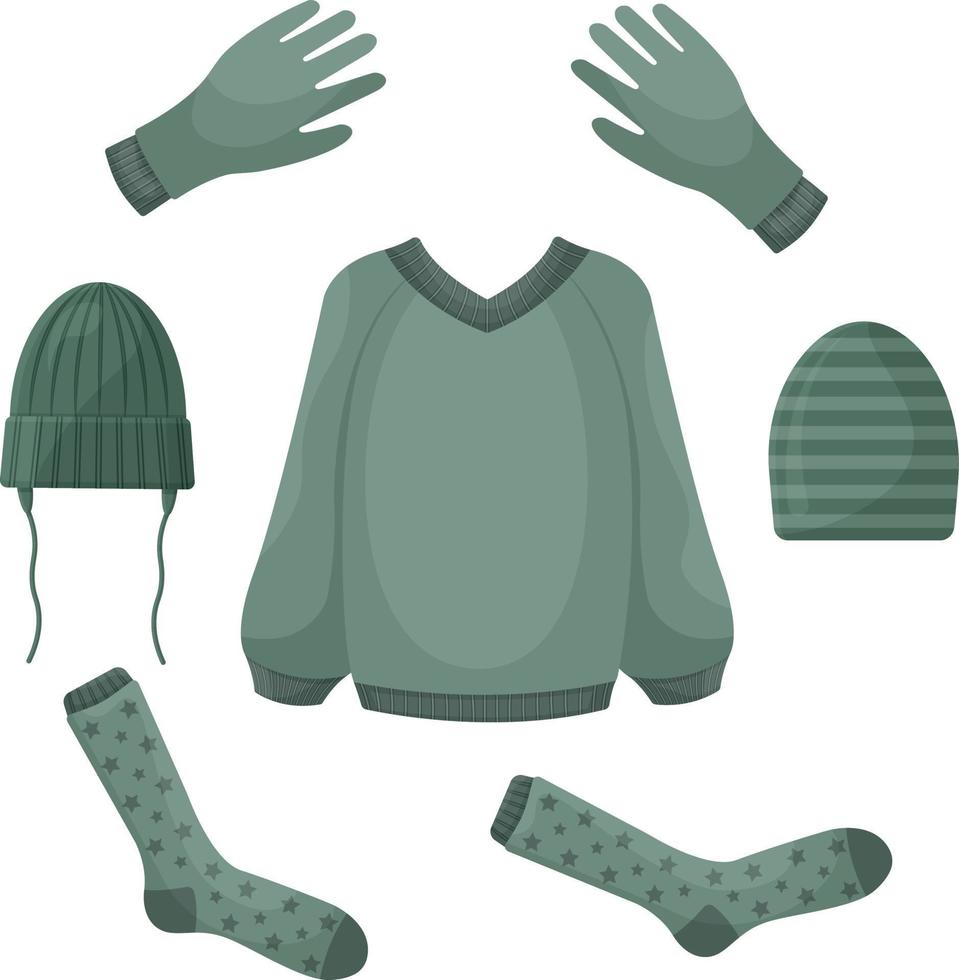ein Set bestehend aus warmer Herbstkleidung, wie Pullover, Handschuhe, warme Socken und Mützen. herbstkleidung zum spazierengehen bei kaltem wetter. Vektor-Illustration auf weißem Hintergrund vektor