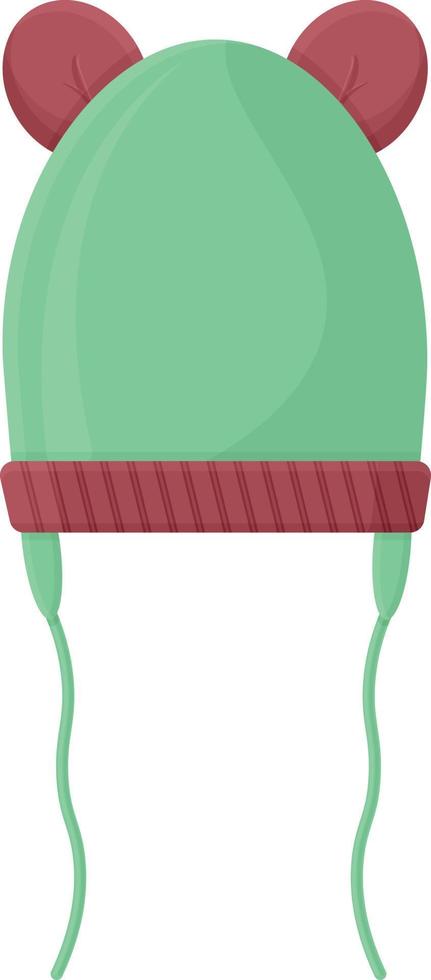 eine warme gestrickte kindermütze mit niedlichen bärenohren. ein warmer grüner Hut mit Bändern, um bei kaltem Wetter spazieren zu gehen. warme Winterkleidung. Vektor-Illustration isoliert auf weißem Hintergrund vektor