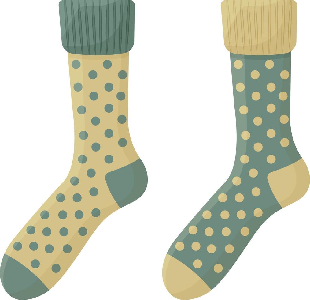 Helle, warme, mehrfarbige Socken in den Farben Beige und Grün. gestrickte Socken, um Ihre Füße vor Kälte zu schützen. Vektor-Illustration isoliert auf weißem Hintergrund vektor