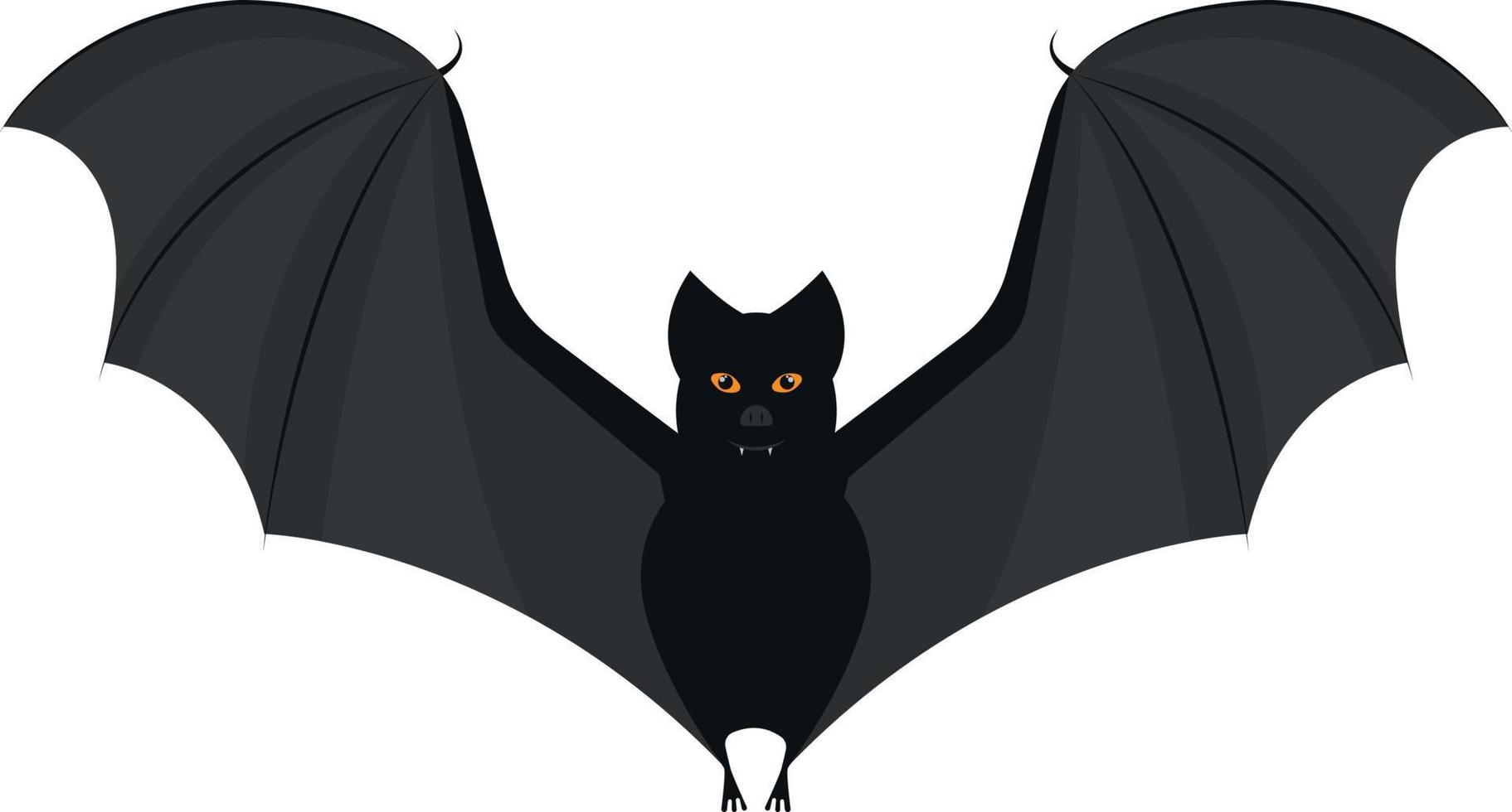 ein Bild einer schwarzen Fledermaus mit Reißzähnen und leuchtend orangefarbenen Augen. eine Fledermaus mit offenen Flügeln. ein blutsaugendes fliegendes Tier. ein Halloween-Symbol. Vektor-Illustration isoliert auf weißem Hintergrund vektor