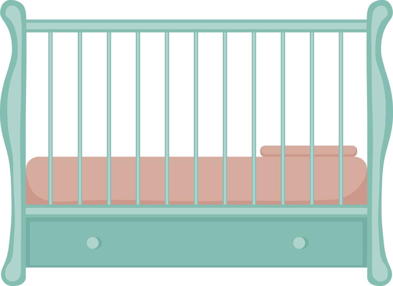 Kinderbett aus Holz im Retro-Stil. altes babybett mit schubladen. hellgrüne Kinderholzmöbel für Neugeborene. Vektor-Illustration isoliert auf weißem Hintergrund vektor