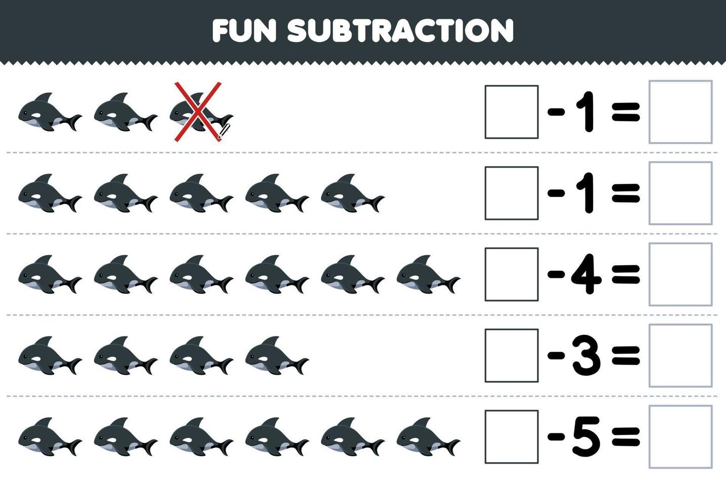 utbildning spel för barn roligt subtraktion förbi räkning söt tecknad serie späckhuggare i varje rad och eliminera den tryckbar under vattnet kalkylblad vektor