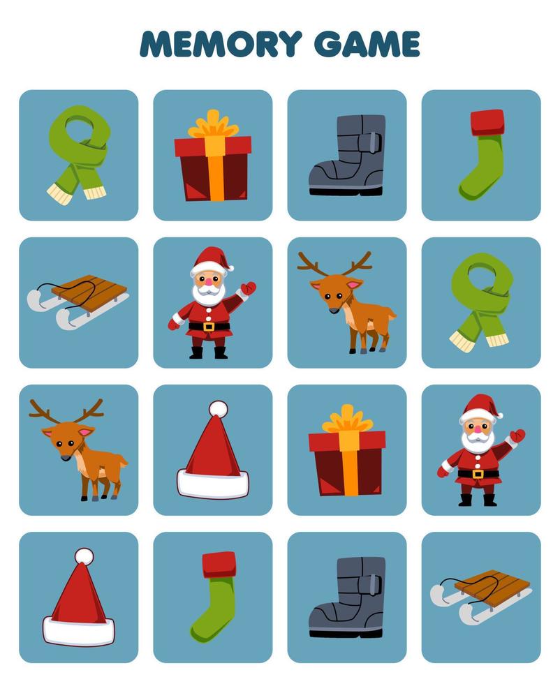 Lernspiel für Kindergedächtnis, um ähnliche Bilder von niedlichen Cartoon-Schal-Geschenkbox-Stiefel-Socken-Schlitten-Weihnachtshirsch-Winter-Arbeitsblatt zum Ausdrucken zu finden vektor