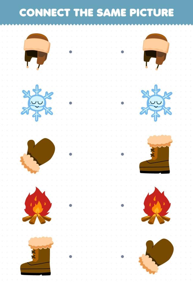 Lernspiel für Kinder Verbinden Sie das gleiche Bild des niedlichen Cartoon-Hutes Schneeflocke Fäustlinge Lagerfeuer Stiefel druckbares Winterarbeitsblatt vektor