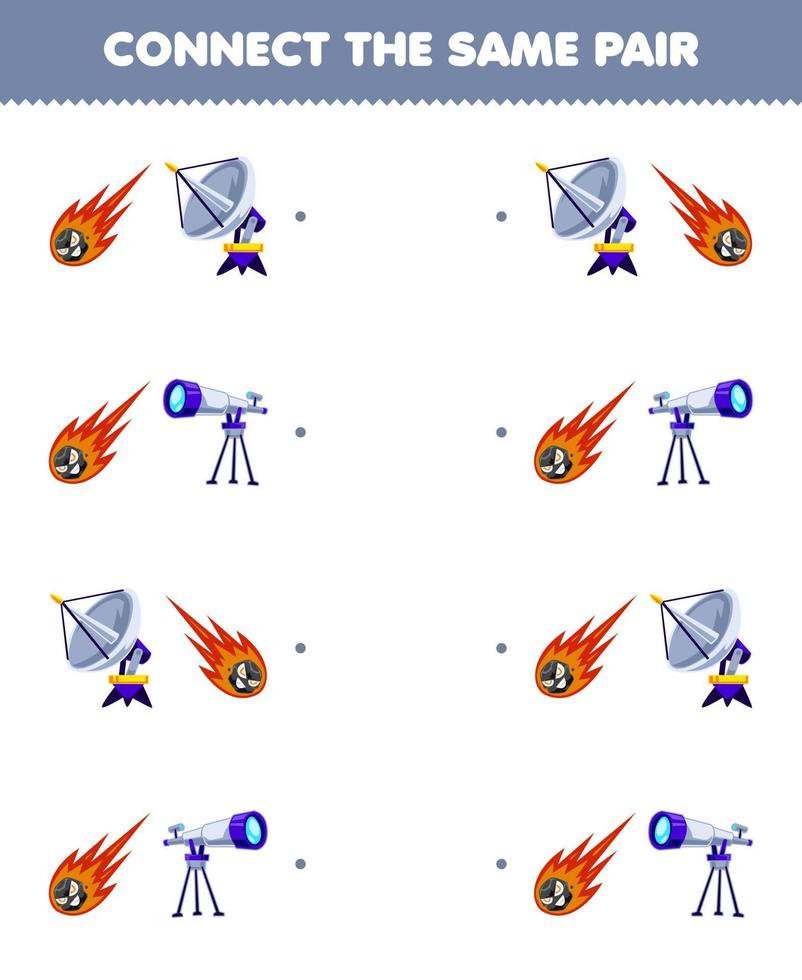 Bildungsspiel für Kinder Verbinden Sie das gleiche Bild des niedlichen Cartoon-Kometenradars und des Teleskoppaares zum Ausdrucken des Arbeitsblatts für das Sonnensystem vektor