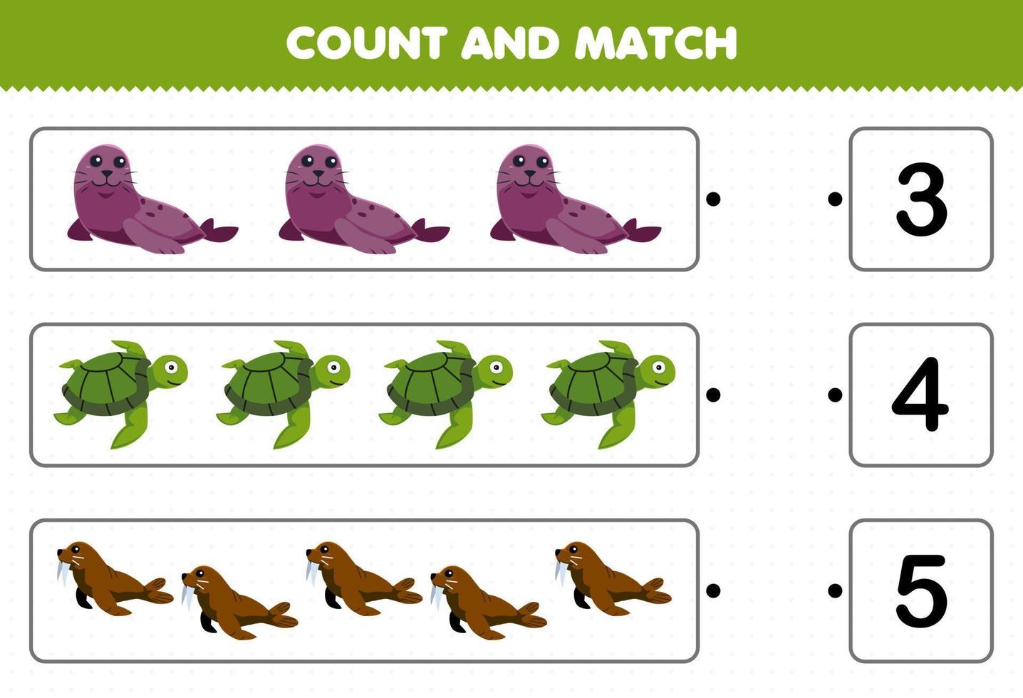 Lernspiel für Kinder Zählen Sie die Anzahl der niedlichen Cartoon-Siegelschildkröten-Walrosse und passen Sie sie mit den richtigen Zahlen zum druckbaren Unterwasser-Arbeitsblatt an vektor