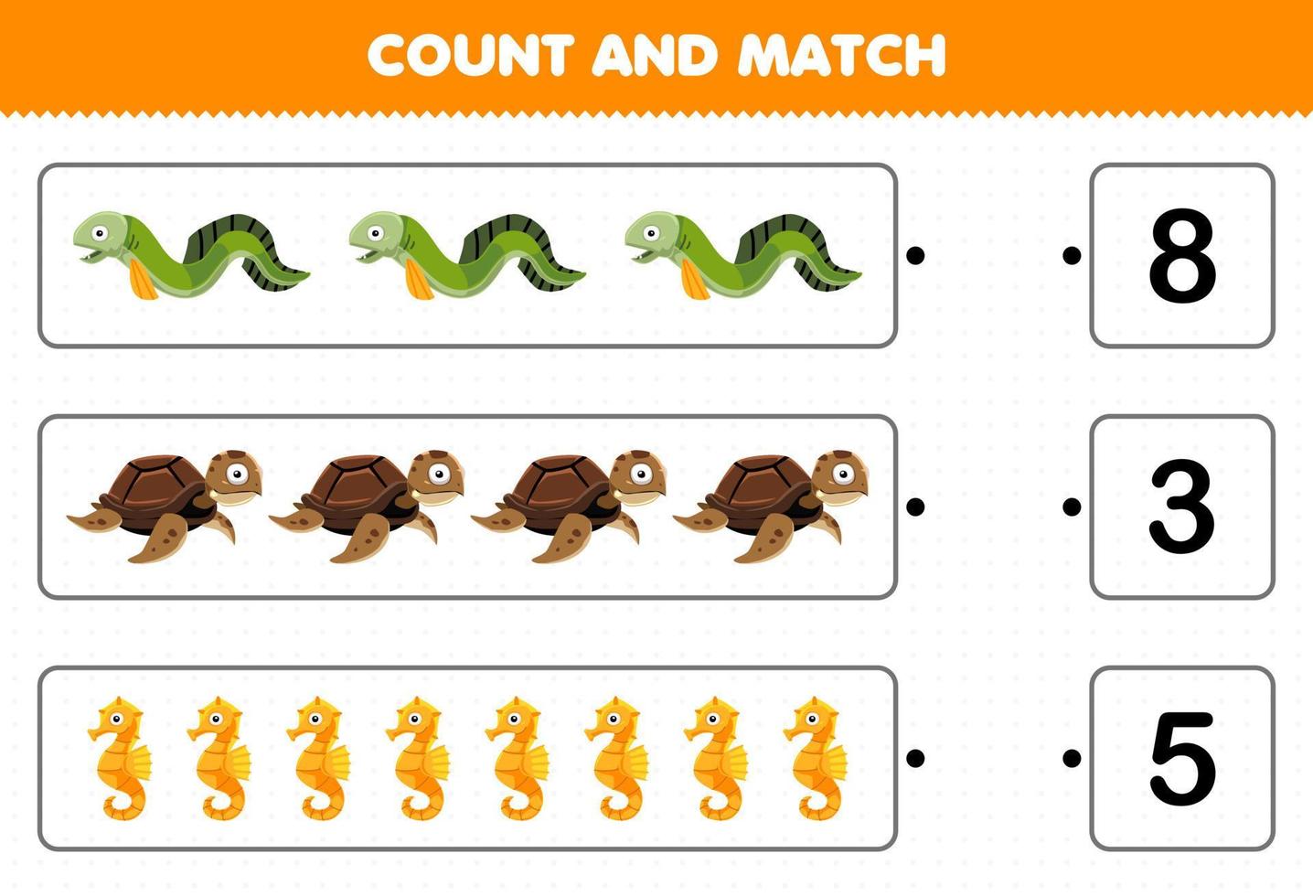 Lernspiel für Kinder Zählen Sie die Anzahl der niedlichen Cartoon-Aal-Schildkröten-Seepferdchen und passen Sie sie mit den richtigen Zahlen zum druckbaren Unterwasser-Arbeitsblatt an vektor