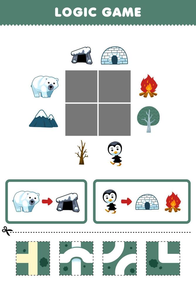 Lernspiel für Kinder Logikpuzzle Baue die Straße für Eisbär und Pinguin Umzug zur Höhle Lagerfeuer und Iglu Druckbares Winterarbeitsblatt vektor