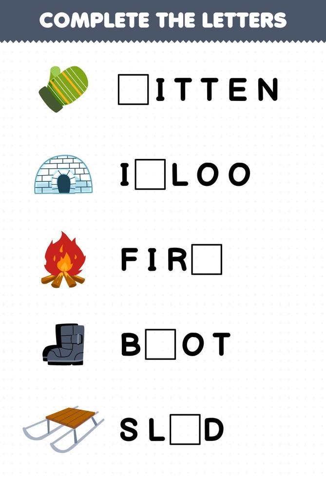 Lernspiel für Kinder Vervollständigen Sie die Buchstaben aus dem Winterarbeitsblatt zum Ausdrucken des niedlichen Cartoon-Handschuh-Iglu-Feuerstiefelschlittens vektor