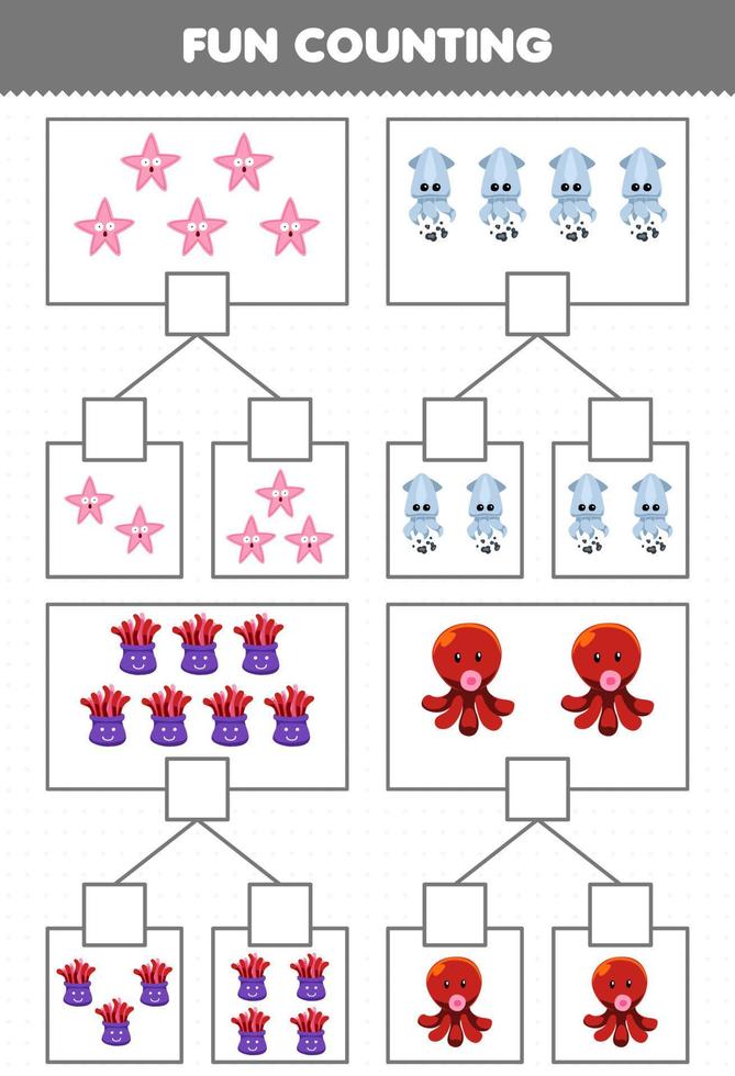 utbildning spel för barn roligt räkning bild i varje låda av söt tecknad serie sjöstjärna bläckfisk anemon bläckfisk tryckbar under vattnet kalkylblad vektor