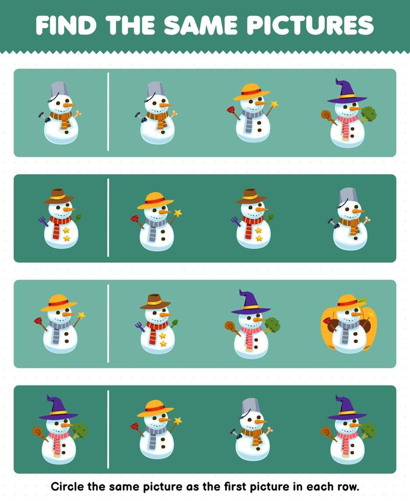 utbildning spel för barn hitta de samma bild i varje rad av söt tecknad serie snögubbe tryckbar vinter- kalkylblad vektor