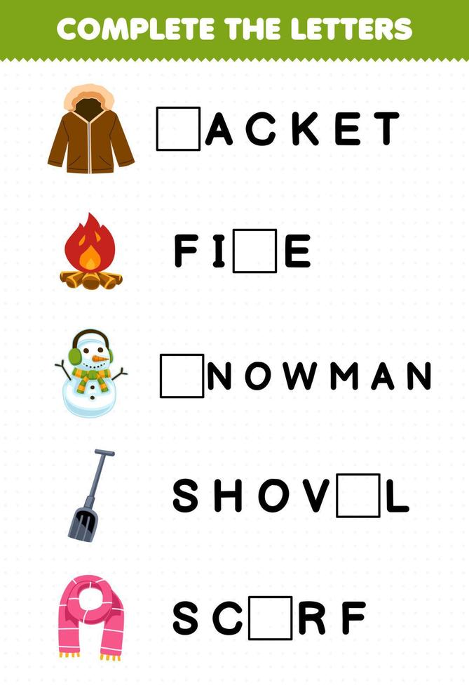 Lernspiel für Kinder Vervollständigen Sie die Buchstaben aus dem niedlichen Cartoon-Jacken-Feuer-Schneemann-Schaufel-Schal-druckbaren Winter-Arbeitsblatt vektor