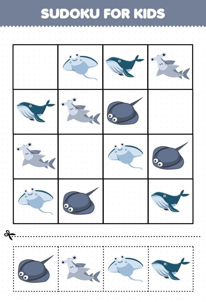 Lernspiel für Kinder Sudoku für Kinder mit niedlichem Cartoon-Stachelrochen-Hammerhai-Manta-Wal-Unterwasser-Arbeitsblatt zum Ausdrucken vektor