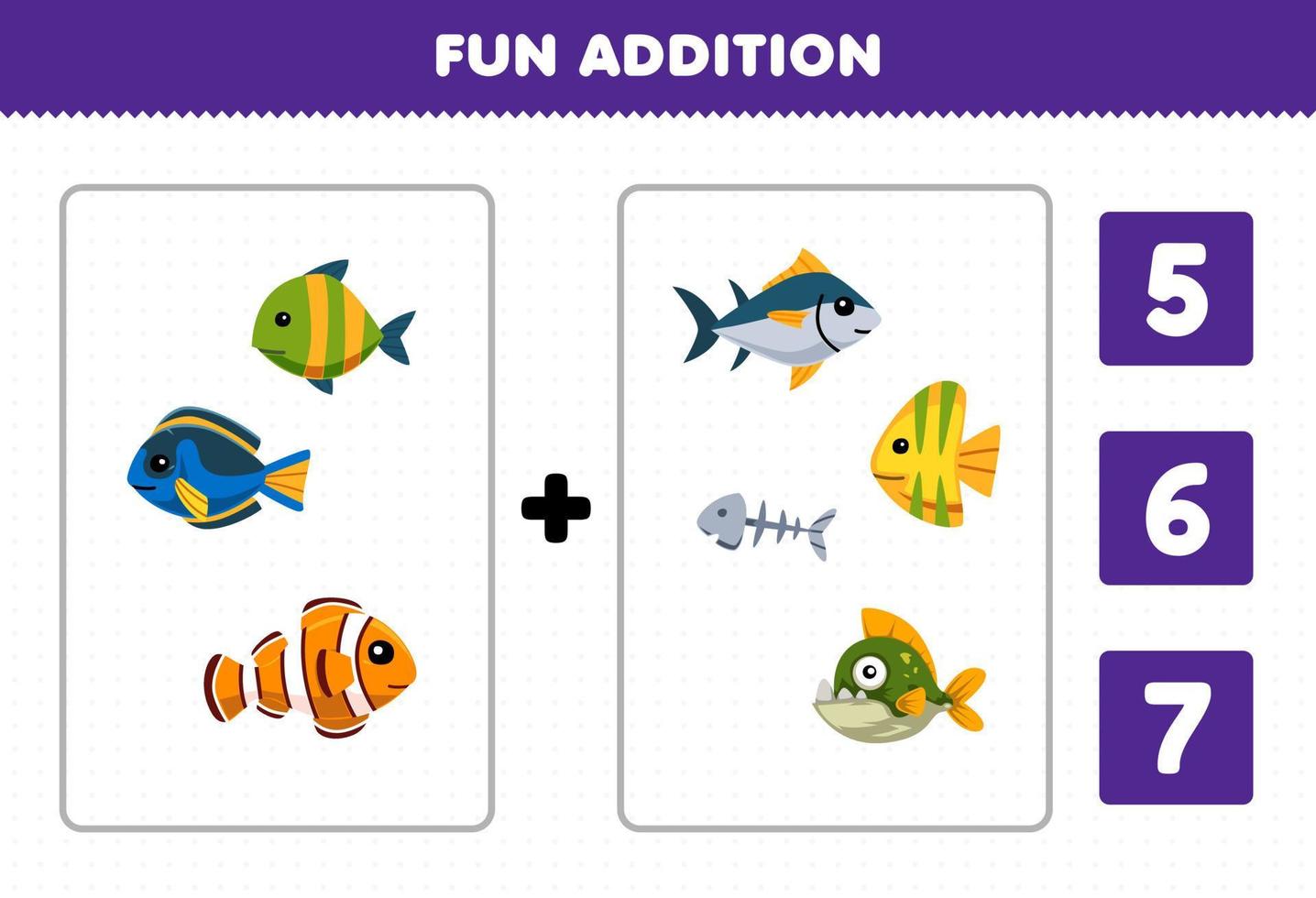 utbildning spel för barn roligt tillägg förbi räkna och välja de korrekt svar av söt tecknad serie fisk tryckbar under vattnet kalkylblad vektor