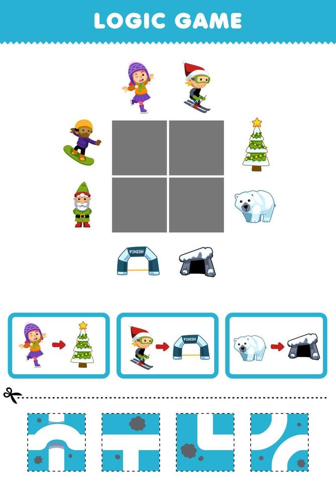 Bildungsspiel für Kinder Logikpuzzle Baue die Straße für Mädchen Junge und Eisbär bewegen sich zum Weihnachtsbaum Ziellinie und Höhle Druckbares Winterarbeitsblatt vektor